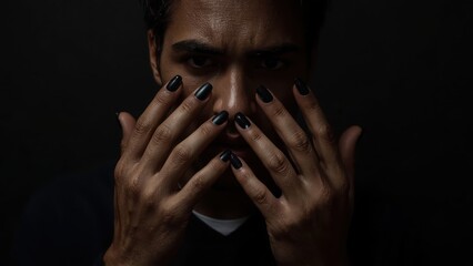 Man with black nail polish covering face, mysterious mood, dark backgr