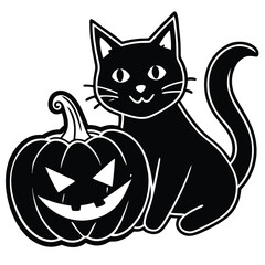 Cute black cat sitting with a yellow pumpkin, a funny domestic feline illustration for Halloween design