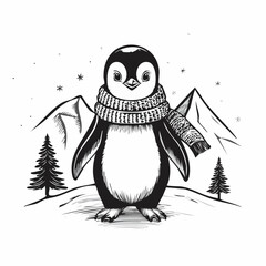 Winter Penguin Wearing Cozy Scarf Standing on a Cold Snowy Mountain Vector Artwork