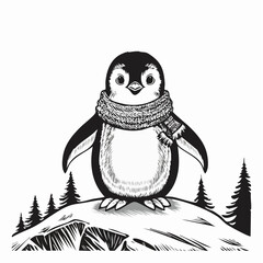 Winter Penguin Wearing Cozy Scarf Standing on a Cold Snowy Mountain Vector Artwork