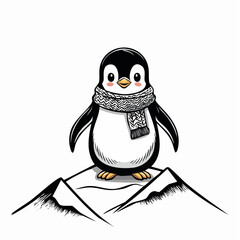 Penguin Dressed in Scarf Looking Over the Frozen Landscape from Icy Mountain Vector