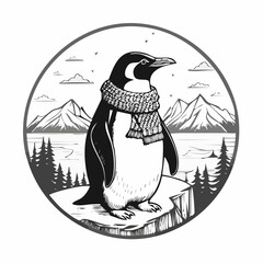 Penguin Dressed in Scarf Looking Over the Frozen Landscape from Icy Mountain Vector