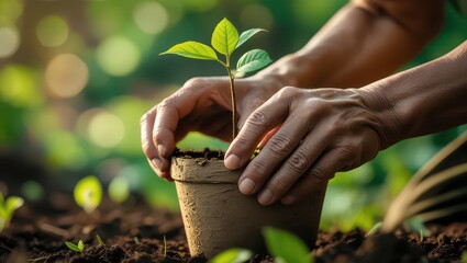 Hands planting a small tree in a pot in the ground with a green background in soft focus outdoors