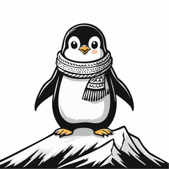 Adorable Penguin Wearing a Cozy Scarf Standing Proudly on a Snowy Mountain Peak Vector