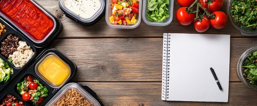 Healthy meal prep containers filled with colorful ingredients are displayed on a wooden table alongside a blank notepad and pen. This setup promotes organized meal planning for a nutritious lifestyle
