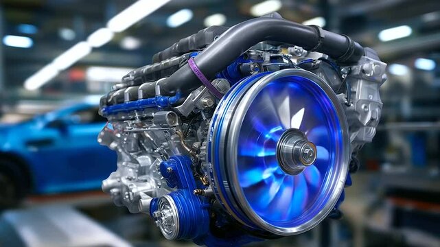 Car engine close-up with visible turbocharger fins spinning, metal pistons within the cylinders, connected hoses and alternator, highlighting advanced automotive technology and ser
