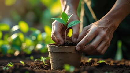 Hands gently planting a small seedling in a pot surrounded by soil and other small plants outdoors