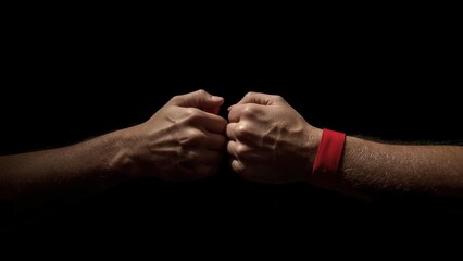Two diverse male hands with clenched fists performing a fist bump gesture symbolizing unity, friendship, teamwork, and support on a dark background suitable for business, sports, or social themes