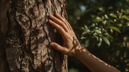 Close-up of human hand touching textured tree bark in sunlight with leafy green background, nature connection, environmental concept, outdoor relaxation, eco-friendly lifestyle, forest therapy, calm 