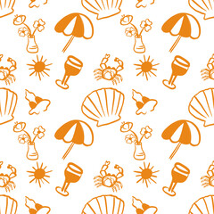 Seamless repeating pattern summer icons on a pale blue background, including beach umbrellas, seashells, crabs, sun, flowers, cocktails, and seashells. Perfect for textiles, collateral for cafes