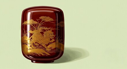 Obraz premium Red lacquer decorative container with golden pattern on green background 