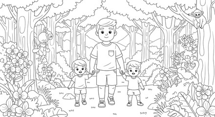 Father and two sons walking in a jungle with a monkey and flowers isolated on transparent background