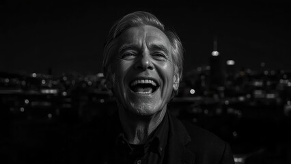 Elderly man laughing joyfully during nighttime cityscape background black and white photography portrait candid emotion happiness urban mood street light shadows