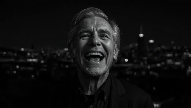 Elderly man laughing joyfully during nighttime cityscape background black and white photography portrait candid emotion happiness urban mood street light shadows