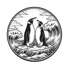 Romantic Penguins on a Rock with Ocean Waves Surrounding Them Vector Design