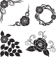 Black floral corner ornaments and circular frame with rose motifs vector