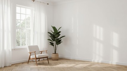 Minimalist living room interior with cozy wooden chair and large green plant near bright window, ideal for home decor, real estate, interior design, relaxation, modern lifestyle, natural light calm s