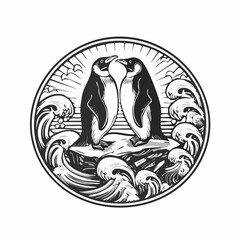 Two Penguins Standing on a Rock by the Sea with Waves Crashing Below