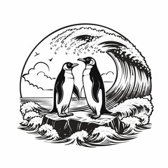 Two Penguins Standing on a Rock by the Sea with Waves Crashing Below
