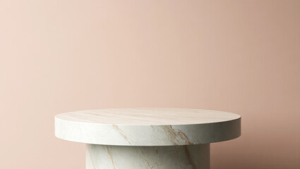 Elegant White Marble Cylindrical Display Podium with Natural Veining Against Soft Pink Background