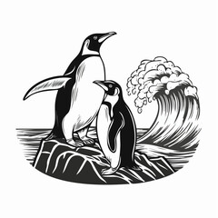 Two Penguins Standing on a Rock by the Sea with Waves Crashing Below