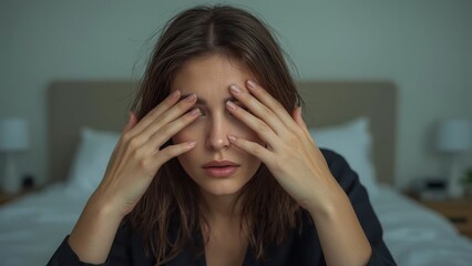 Young woman tired rubbing eyes, stress relief concept for wellness blog, healthcare article, bedroom interior with soft lighting, calm mood, neutral colors, relaxing atmosphere, self-care theme