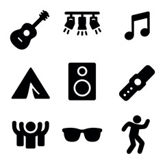 Summer Festival Icons. Solid, filled icons set of summer music festivals: guitar, stage lights, music notes,
