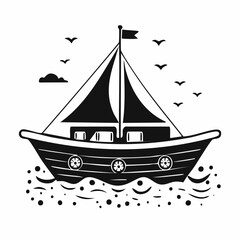 Black and white Dog Boat Vector Image isolated on white background.