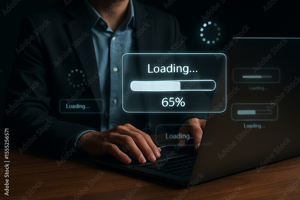 Fototapete Man using laptop with loading screen showing progress bar at sixty five percent complete on the screen