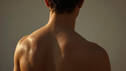 Muscular male back with smooth skin and natural light highlighting muscles, fitness and health concept, ideal for bodybuilding, wellness blogs, anatomy studies, gym promotions, soft warm background