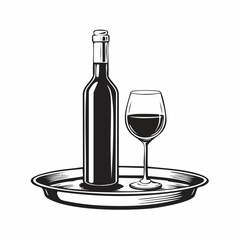 Wine Bottle and Glass on a Tray Image vector isolated on white background.