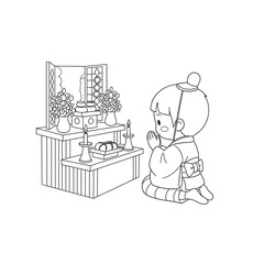 Cute cartoon child in kimono praying at a buddhist altar isolated on transparent background