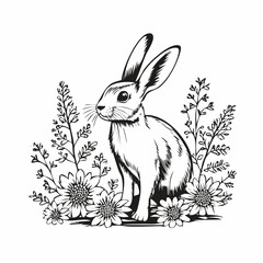 A rabbit is standing in a field of flowers image vector isolated on white background.