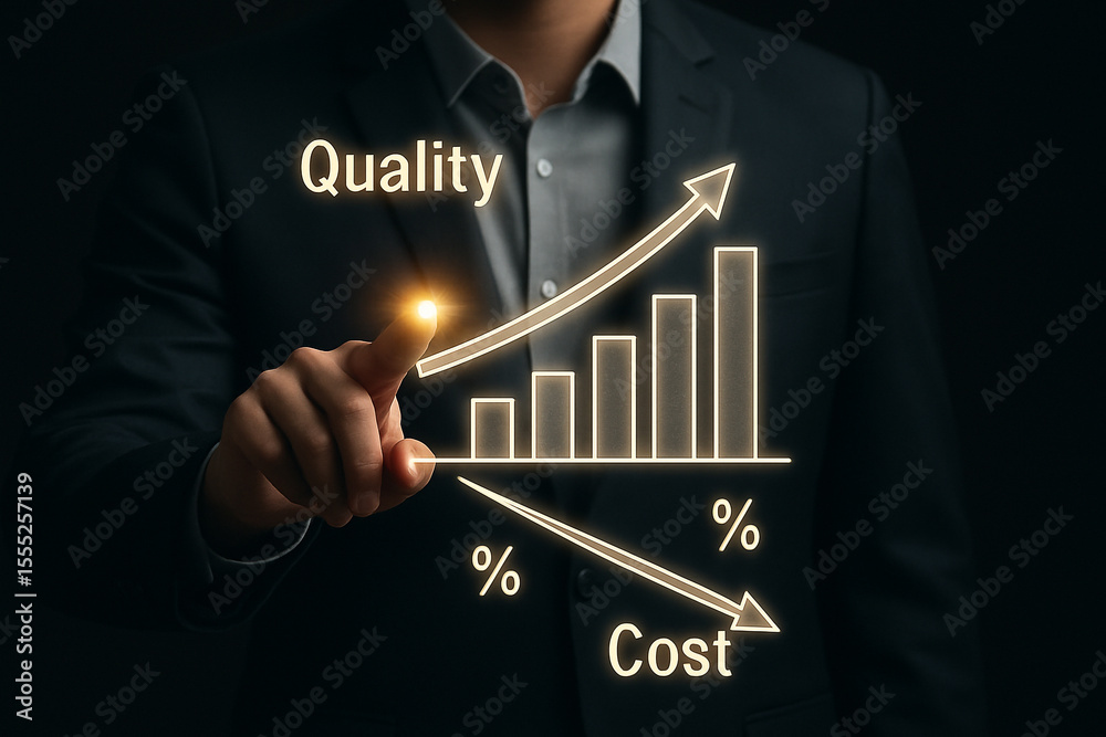 Poster man pointing at quality increase graph with cost decrease line on a dark background studio shot