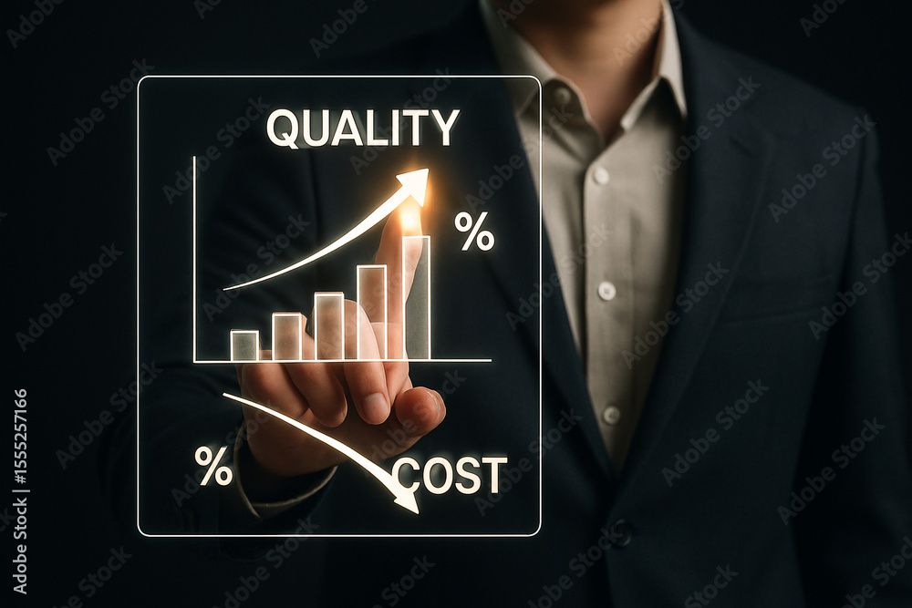 Poster man in suit interacting with digital display showing quality increase and cost decrease graph