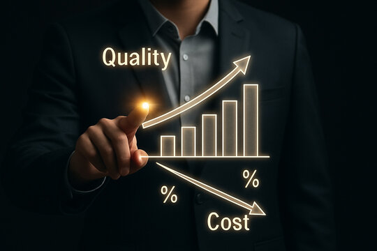 Man pointing at quality increase graph with cost decrease line on a dark background studio shot