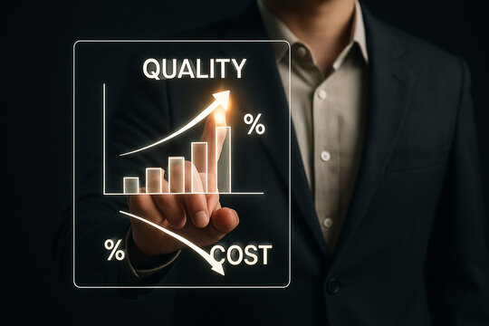 Man in suit interacting with digital display showing quality increase and cost decrease graph