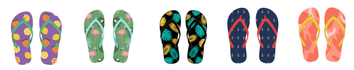 Collection of colorful and patterned flip flops on a white background with copy space
