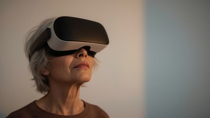 Senior woman wearing virtual reality headset exploring technology experience indoors modern lifestyle portrait VR innovation background relaxation