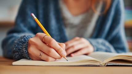 Teen Girl or woman Writing in Notebook with Pencil, Close-Up of Hands, Simple Background, Back to School Concept