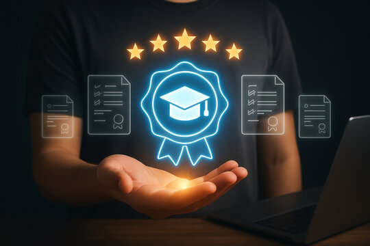 Person presenting glowing graduation cap badge with five stars and document icons above hand near laptop - Powered by Adobe