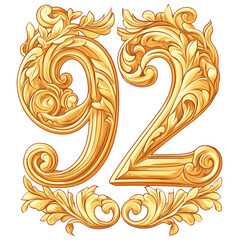 Golden Ornamental Number Ninety Two with Detailed Floral Scrollwork