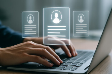 Hands typing on laptop with digital profile icons for job search and online applications visible