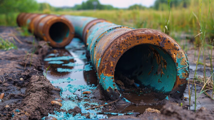 Large aged rusty dirty blue or gray industry iron or metal pipelines tubes taking out waste or pollution through the ground soil.