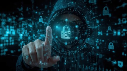 Futuristic hand interacting with glowing digital padlock icon on transparent screen, cybersecurity concept for data protection, technology background with blue binary code and network security