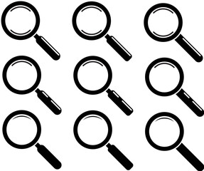 vector magnifying glass icon set isolated on white background. black glass magnifier search symbol. zoom loupe for research illustrations