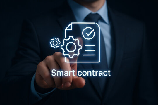 Man in suit interacting with smart contract icon on a digital interface with glowing neon lines