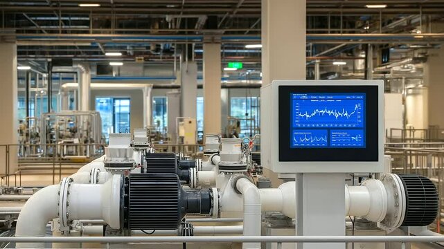 Complex industrial piping surrounding wastewater pumps in a treatment plant, digital displays tracking flow rates and pressure, highlighting technology-driven water management.