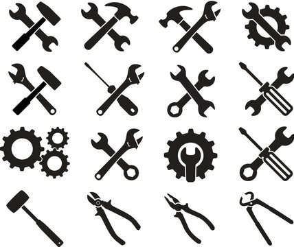 vector working tools silhouettes isolated on white background. construction, building, repair concept. different instruments