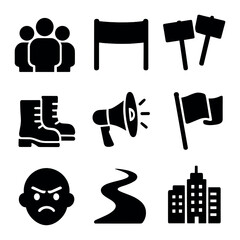 Union March Icons. Solid, filled icons set of union march: crowd, banners, signs, boots, megaphone, flag,